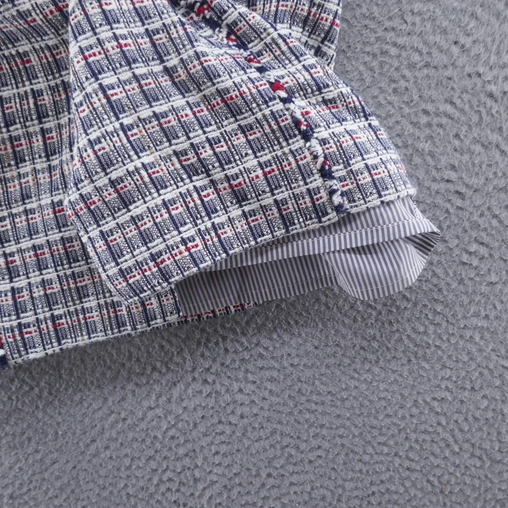 J Crew Womens Navy‎ Blue Red White Plaid Tweed Fringe Pencil Skirt Size 4